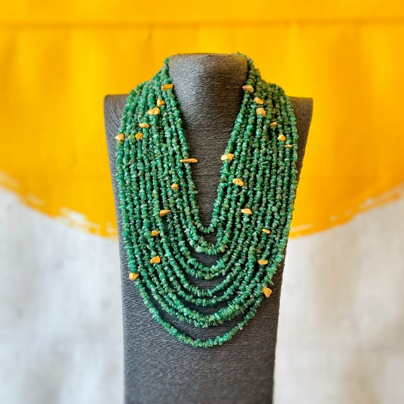 Grand Dark Green Layer Necklace Set with Floral Dangler Earrings