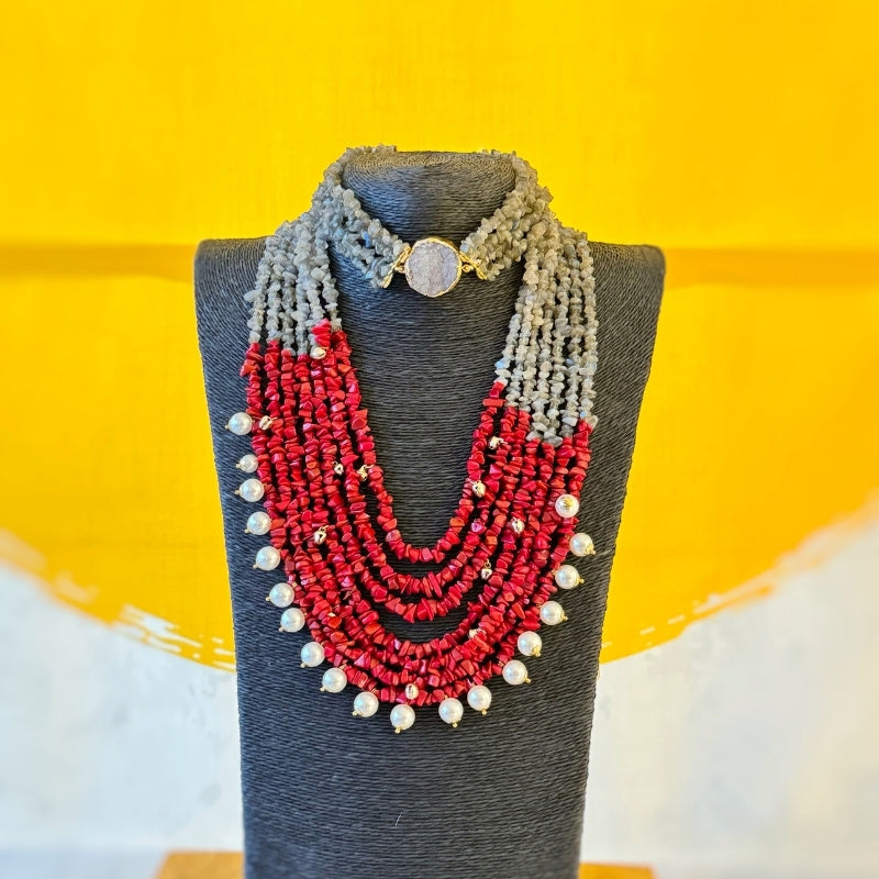 Graceful Fusion Grey-Red Stones Wedding Jewelry Set